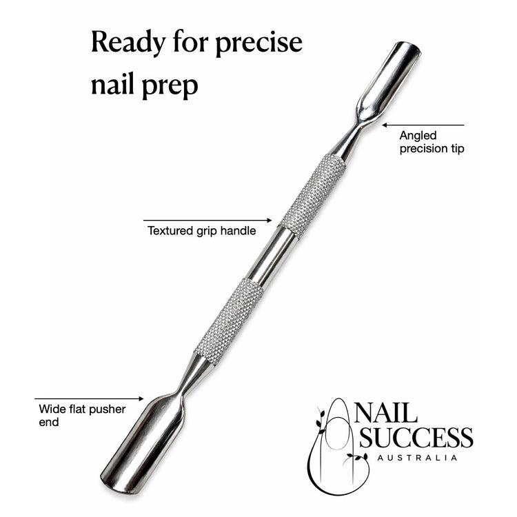 Stainless steel dual-ended cuticle pusher with wide flat pusher end, angled precision tip, textured grip handle, and size measurements of 137 mm, 10 mm and 7 mm