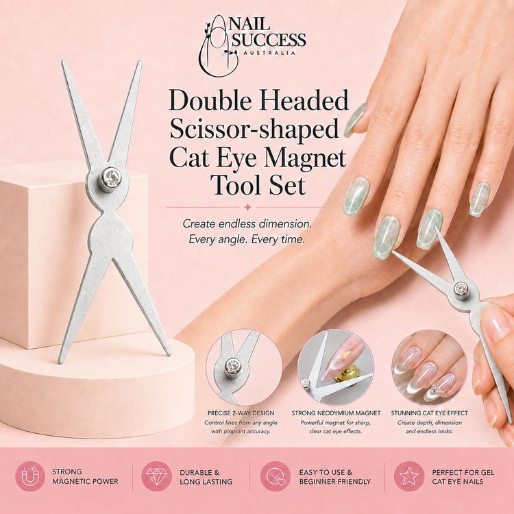Nail Success Australia Double Headed Scissor-shaped Cat Eye Magnet Tool Set graphic — a silver scissor-shaped magnet tool creating green cat-eye nails, with close-ups noting its precise 2-way design, strong neodymium magnet and cat-eye effect