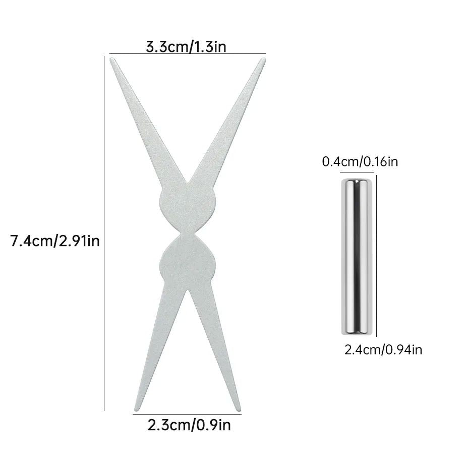 Double-headed scissor-shaped cat eye magnet tool set for magnetic gel polish, with bar magnet and size measurements (7.4cm, 3.3cm, 2.3cm)