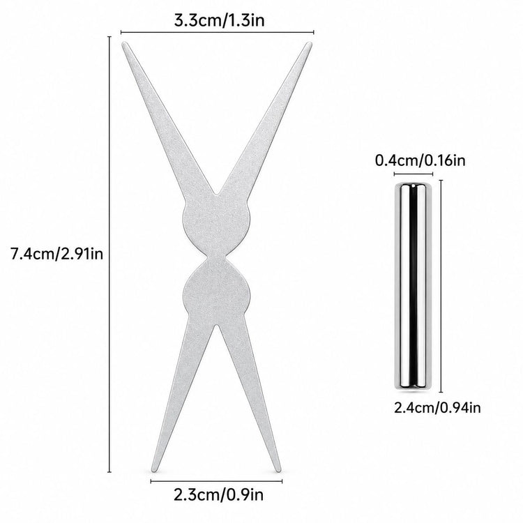 Silver scissor-shaped cat-eye magnet tool shown with measurements — 7.4cm tall, 3.3cm across the top and 2.3cm across the base — beside its 2.4cm by 0.4cm cylinder magnet