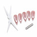 Silver scissor-shaped cat-eye magnet tool set contents — the tool, five pink cat-eye stiletto swatch nails and a cylinder magnet bar