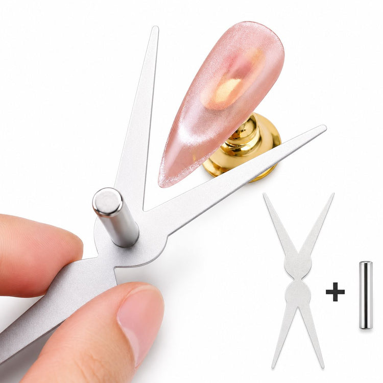 Silver scissor-shaped cat-eye magnet tool held above a pink cat-eye teardrop swatch nail on a gold magnet stand, with an inset of the tool and its cylinder magnet