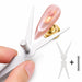 Silver scissor-shaped cat-eye magnet tool held above a pink cat-eye teardrop swatch nail on a gold magnet stand, with an inset of the tool and its cylinder magnet