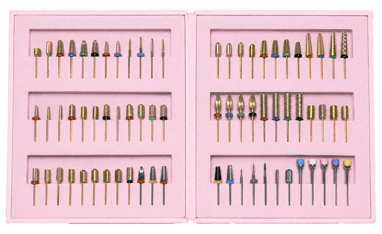 Tungsten carbide nail drill bits professional kit with assorted bits and brush attachments in pink storage case, NSI Australia