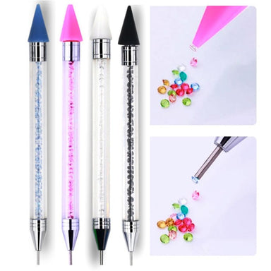 4-piece dual-ended nail rhinestone picker set with crystal handles, silicone wax tips, and dotting tools