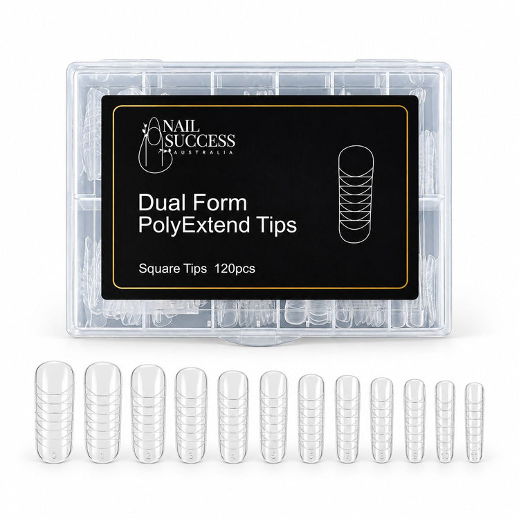 Nail Success Australia Dual Form PolyExtend Square Tips 120pcs case with tips lined up by size