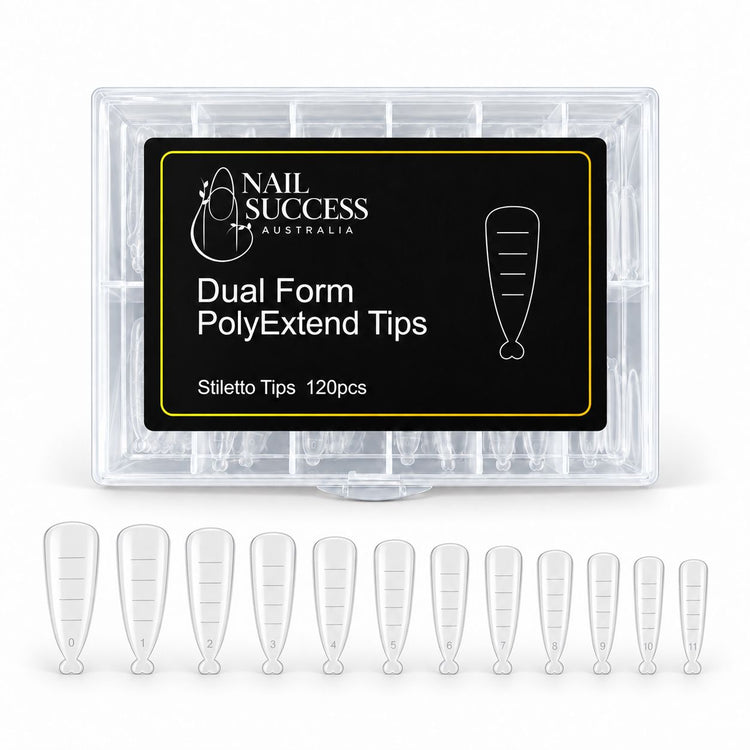 Nail Success Australia Dual Form PolyExtend Stiletto Tips 120pcs case with tips lined up by size
