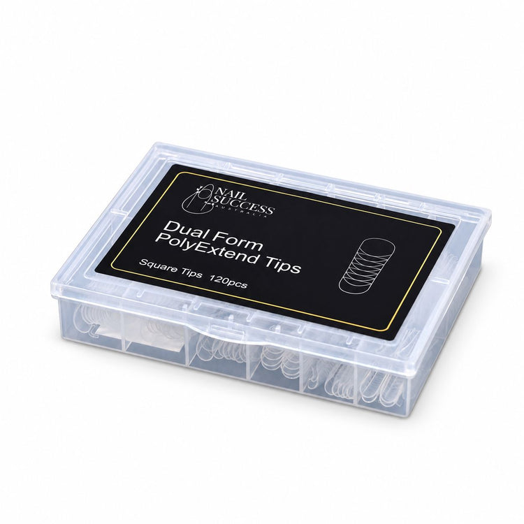 Nail Success Australia Dual Form PolyExtend Square Tips 120pcs storage case, angled view