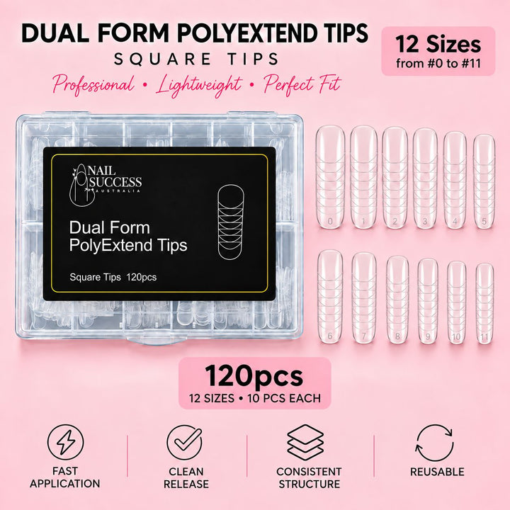 Nail Success Australia Dual Form PolyExtend square tips, 120pcs in 12 sizes from 0 to 11