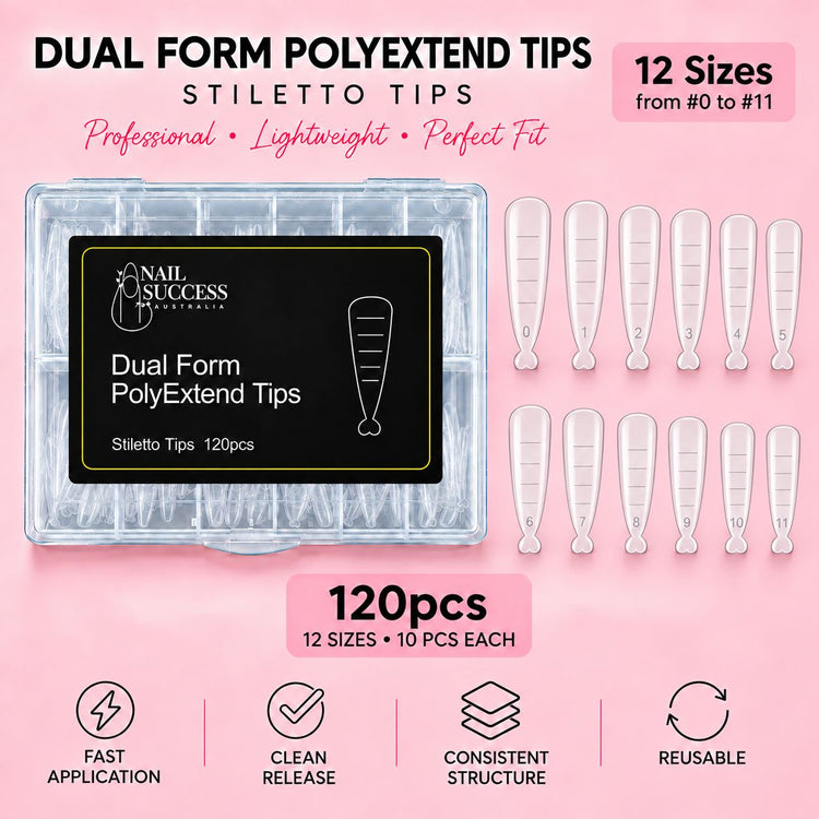 Nail Success Australia Dual Form PolyExtend stiletto tips, 120pcs in 12 sizes from 0 to 11