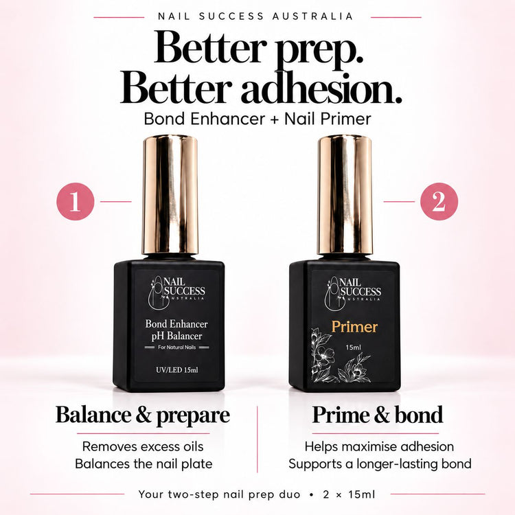 Bond Enhancer and Nail Primer duo: balance and prepare the nail, then prime for a longer-lasting bond