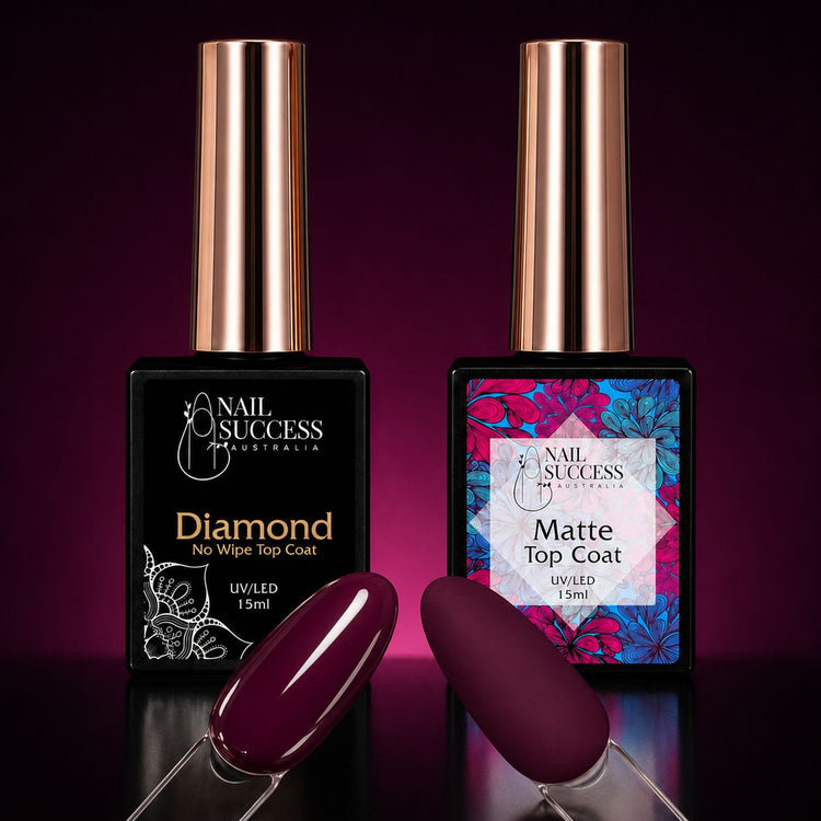 Diamond Shine and Matte Top Coat bottles by Nail Success Australia with glossy and matte plum swatch tips in front