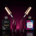 Open Diamond Shine and Matte Top Coat bottles by Nail Success Australia with brushes over glossy and matte plum swatch tips
