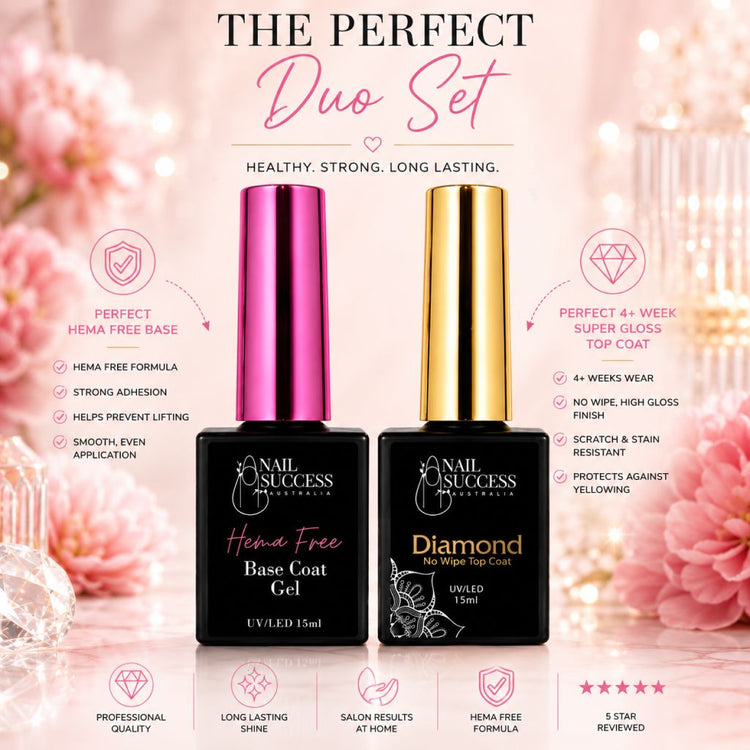 Nail Success Australia HEMA free base coat gel and diamond no wipe top coat duo set for long lasting glossy gel nails