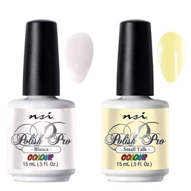 Duo pack Polish Pro Colour gel polish in white Blanca and pastel yellow Small Talk 15ml bottles for salon nail colour application