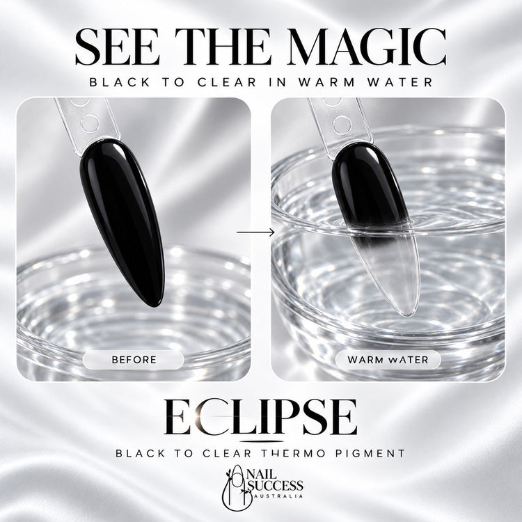 ECLIPSE warm-water demonstration showing a glossy black almond nail fading to see-through below the waterline.