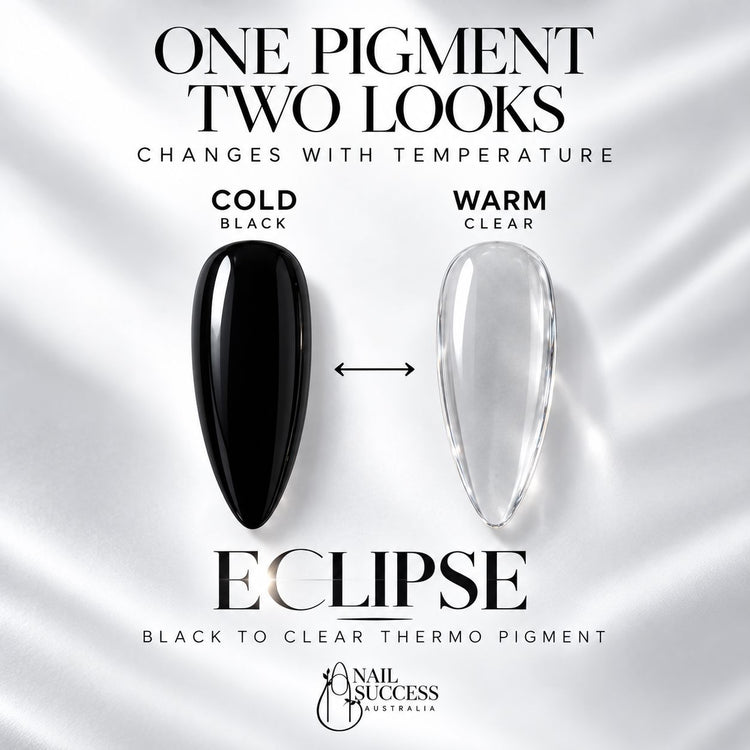 ECLIPSE thermo nail pigment on matching medium almond nails: glossy black when cold and see-through when warm.