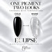 ECLIPSE thermo nail pigment on matching medium almond nails: glossy black when cold and see-through when warm.