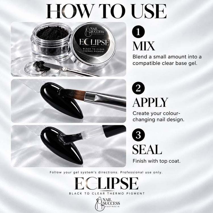 How to use ECLIPSE black thermo pigment: mix a small amount into compatible clear base gel, apply the nail design and finish with top coat, following the gel system's directions.