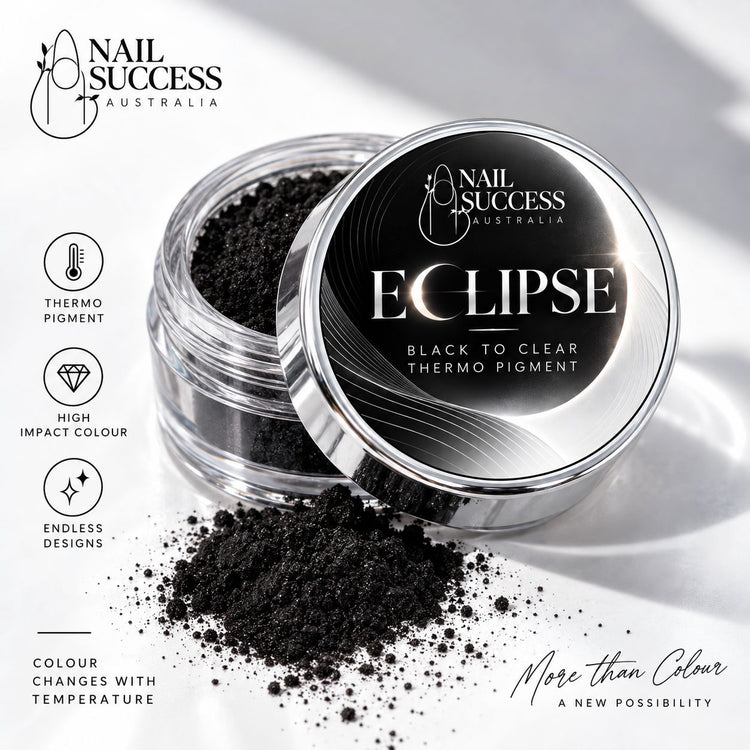 Nail Success Australia ECLIPSE silver pigment jar with black powder and approved lid label, highlighting temperature-changing colour and creative nail designs.