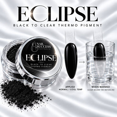 ECLIPSE silver pigment jar beside medium almond nail tips: applied pigment is glossy black at normal or cool temperature; warm water fades the submerged lower half to see-through while the upper half stays black.