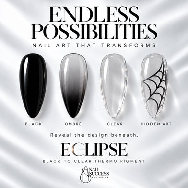 ECLIPSE design possibilities on medium almond nails: glossy black, an ombre that stays black at the tip, a see-through warm finish and a spiderweb design revealed underneath.