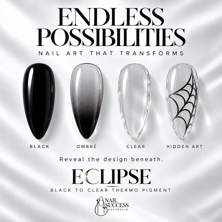ECLIPSE design possibilities on medium almond nails: glossy black, an ombre that stays black at the tip, a see-through warm finish and a spiderweb design revealed underneath.