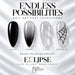 ECLIPSE design possibilities on medium almond nails: glossy black, an ombre that stays black at the tip, a see-through warm finish and a spiderweb design revealed underneath.