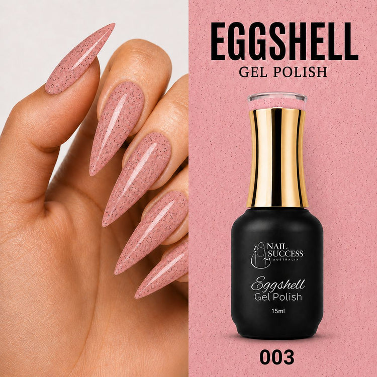Pink eggshell speckled gel polish on stiletto nails with 15ml bottle, NSI Australia shade 003