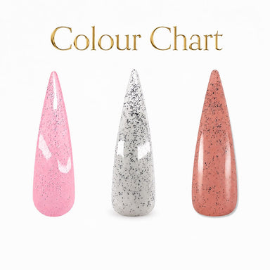 Eggshell gel polish colour chart with pink, white and coral speckled nail swatches, NSI Australia
