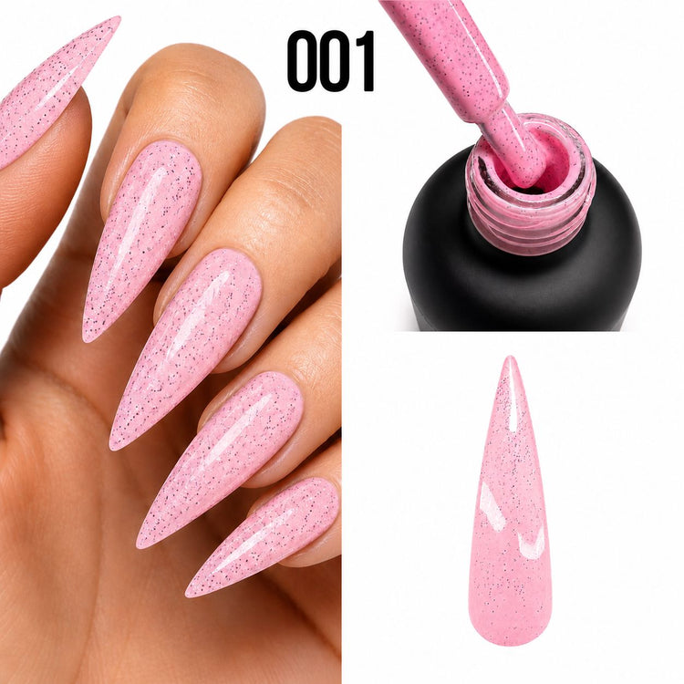 Light pink eggshell speckled gel polish on stiletto nails with bottle, NSI Australia shade 001