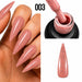 Pink eggshell speckled gel polish on stiletto nails with bottle, NSI Australia shade 003