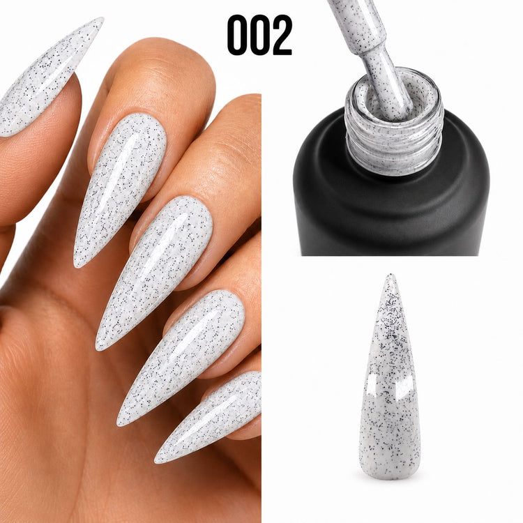 White eggshell speckled gel polish on stiletto nails with bottle, NSI Australia shade 002