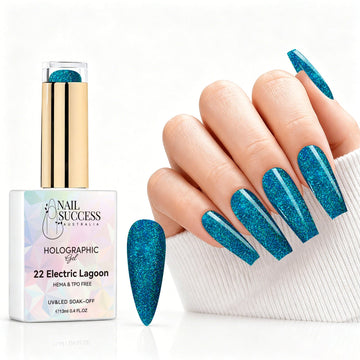 Electric Lagoon holographic gel polish with teal blue glitter swatch and matching manicure for HEMA and TPO free salon nails