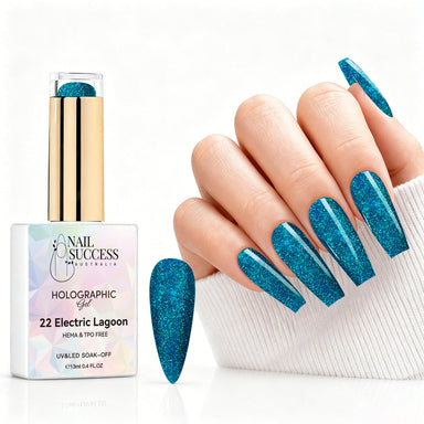 Electric Lagoon holographic gel polish with teal blue glitter swatch and matching manicure for HEMA and TPO free salon nails