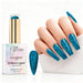 Electric Lagoon holographic gel polish with teal blue glitter swatch and matching manicure for HEMA and TPO free salon nails