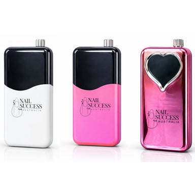 Three portable nail drill control units by Nail Success Australia in white and black, pink and black, and metallic pink finishes