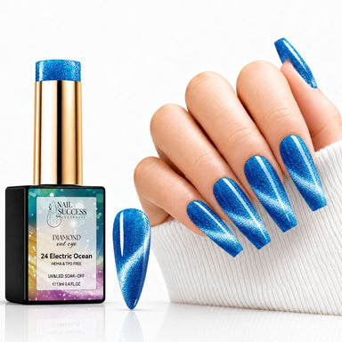 Nail Success Electric Ocean 24 cat eye gel polish with matching swatch and bright blue coffin nails featuring silver shimmer bands.
