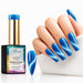 Nail Success Electric Ocean 24 cat eye gel polish with matching swatch and bright blue coffin nails featuring silver shimmer bands.
