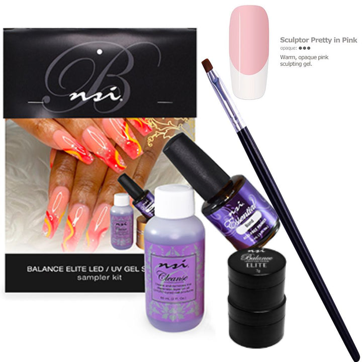 NSI Australia Elite Gel Sampler Kit – hard gel system with Balance Elite LED/UV gels, Essential Bond, Cleanse, pro sculpting brush and “Pretty in Pink” swatch