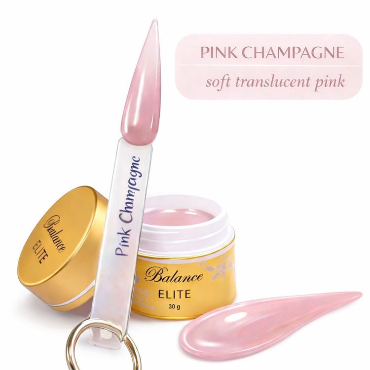 Balance Elite Sculptor gel in Pink Champagne (30g) with swatch stick and colour sample