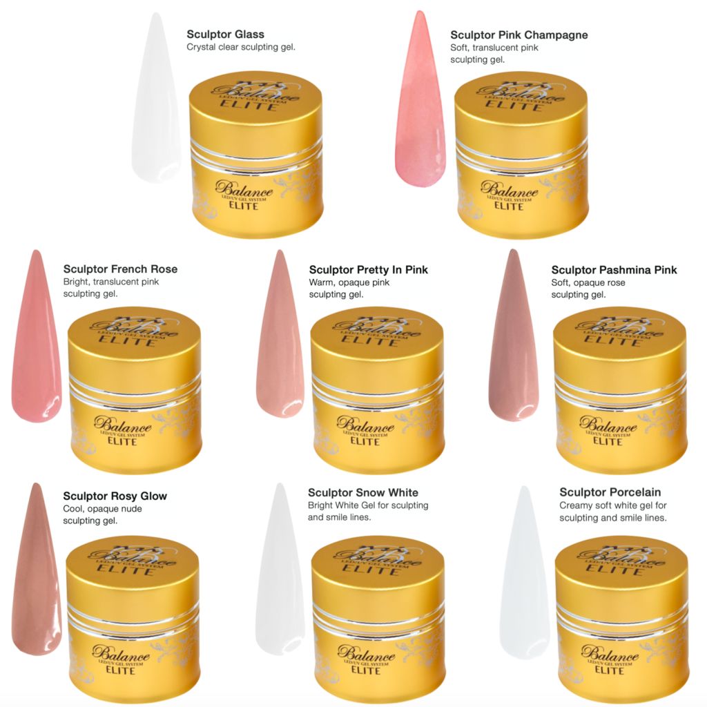 UV gel colour chart with jars and swatches (Glass, Pink Champagne, French Rose, Pretty In Pink, Pashmina Pink, Rosy Glow, Snow White, Porcelain)