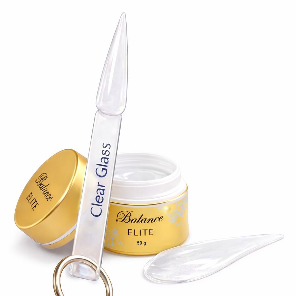 Balance Elite Sculptor gel in Glass Clear (50g) with swatch stick and colour sample