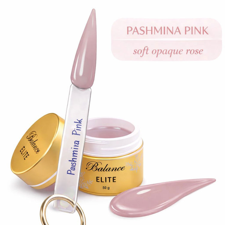 Balance Elite Sculptor gel in Pashmina Pink (50g) with swatch stick and colour sample