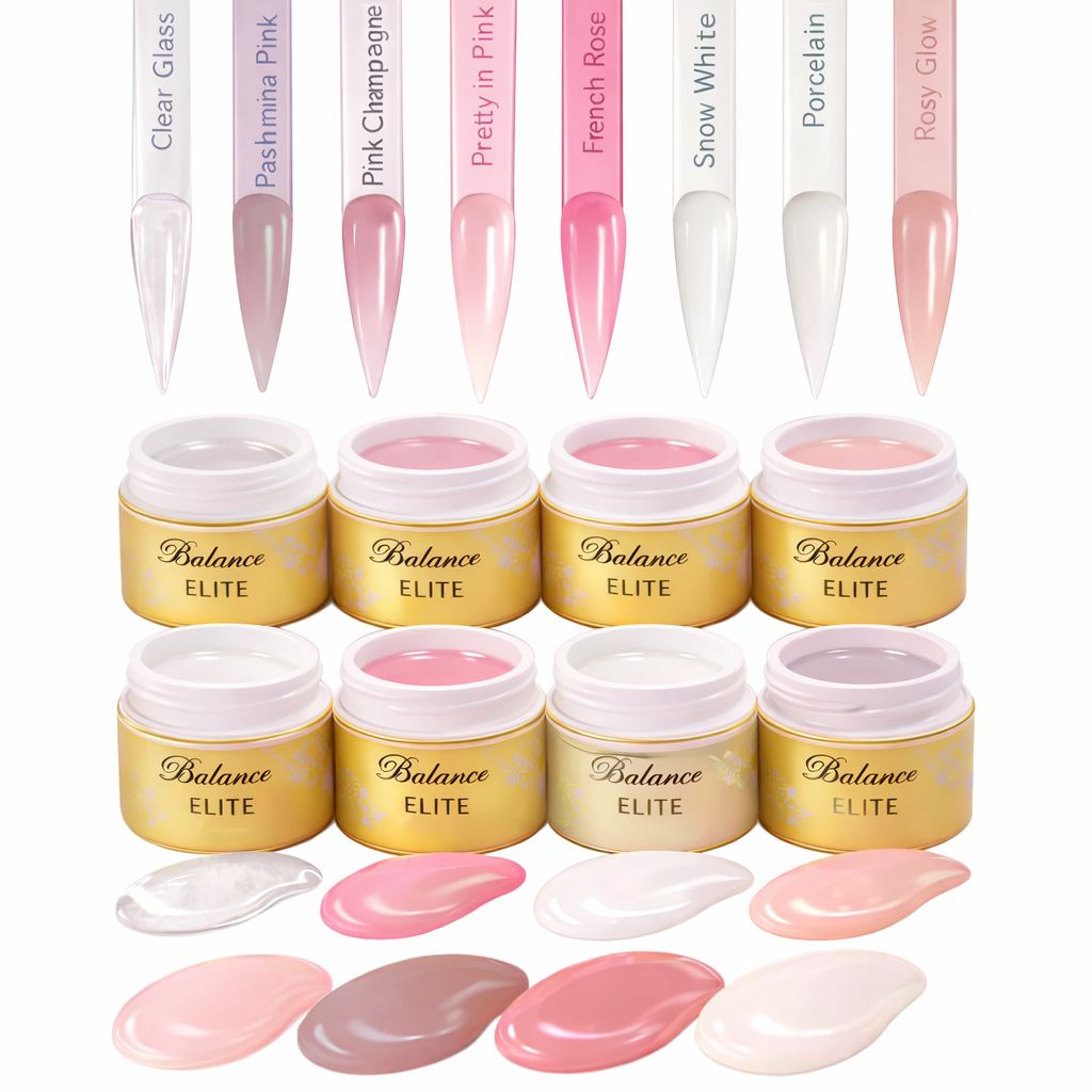 Balance ELITE Sculptor Gel colour range – Clear Glass, Pashmina Pink, Pink Champagne, Pretty in Pink, French Rose, Snow White, Porcelain, Rosy Glow (jars with swatch tips and colour samples)