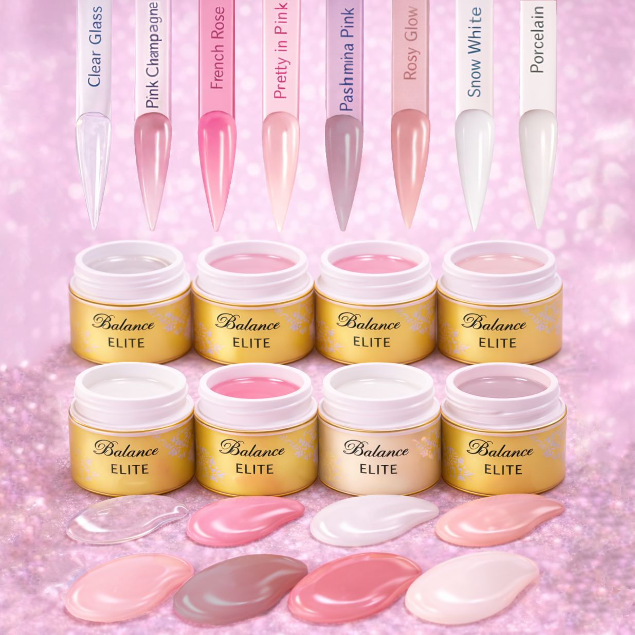 UV gel colour range with jars, swatch sticks and gel colour samples (Clear Glass, Pink Champagne, French Rose, Pretty in Pink, Pashmina Pink, Rosy Glow, Snow White, Porcelain)