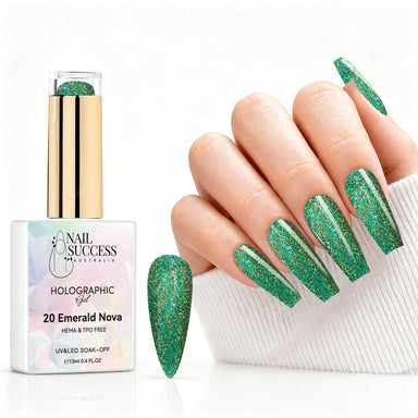 Emerald Nova holographic gel polish with green glitter swatch and matching manicure for HEMA and TPO free salon nails