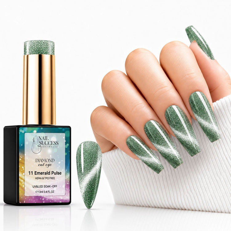 Emerald Pulse Gel Polish – Cat Eye with magnetic shimmer swatch, and matching manicure for HEMA and TPO free salon nails