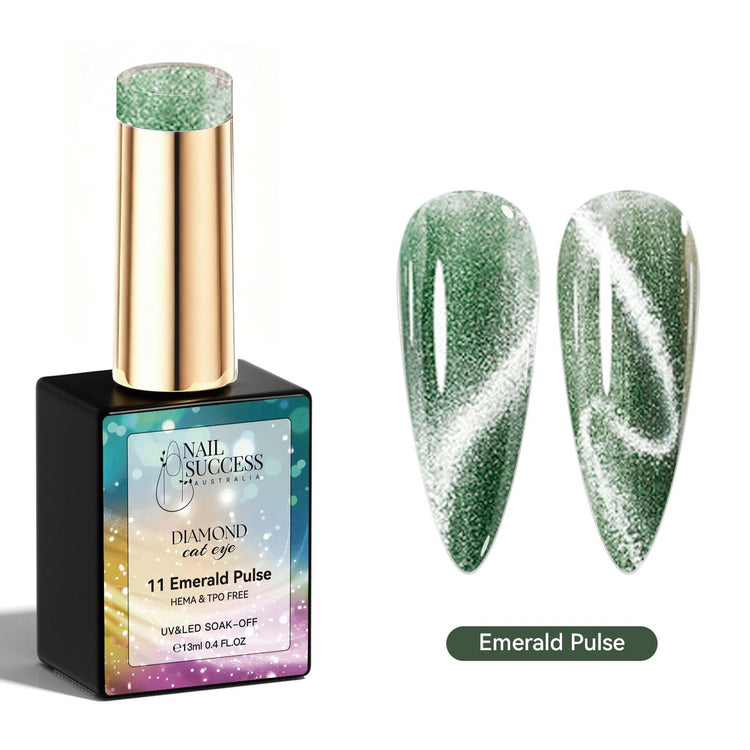 Nail Success Australia Emerald Pulse green Diamond Cat Eye gel polish with magnetic shimmer, HEMA- and TPO-free 13ml formula