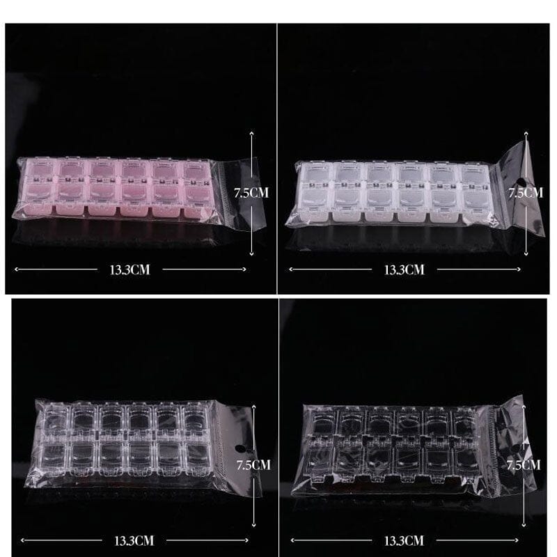 NSI Australia 12-Grid Nail Art Storage Tray—packaged 13.3×7.5 cm, clear-lid organizer; pink, white, clear, black
